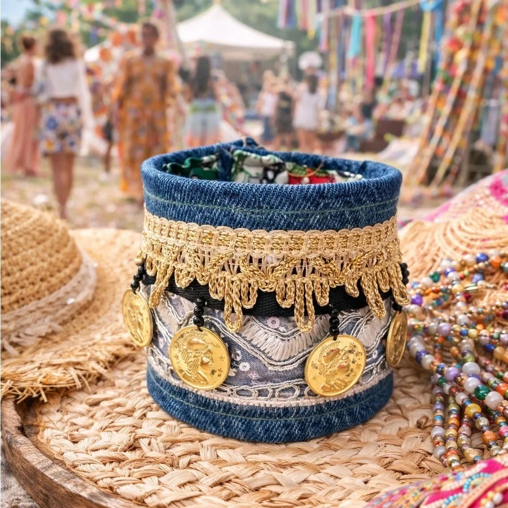 OOAK Upcycled Denim Gold Coin Charm Sequins Cuff Bracelet Boho Lined Signed - Picture 2 of 12
